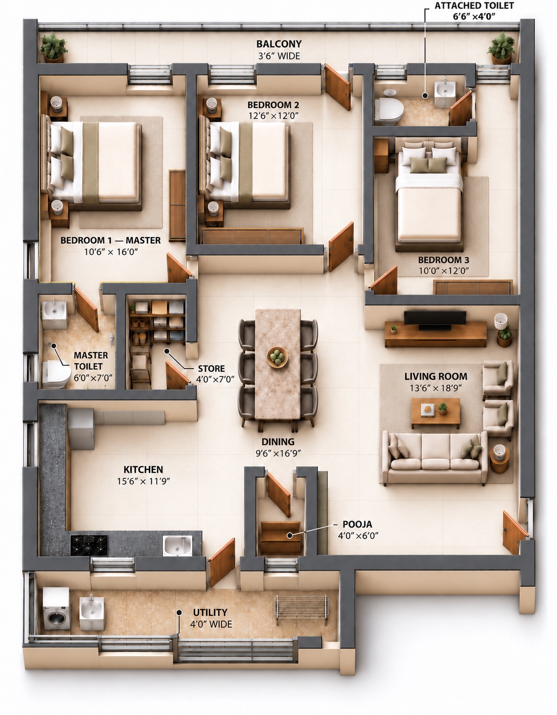 Flat 1, 1730 square feet, three bedroom furnished layout with room names and dimensions