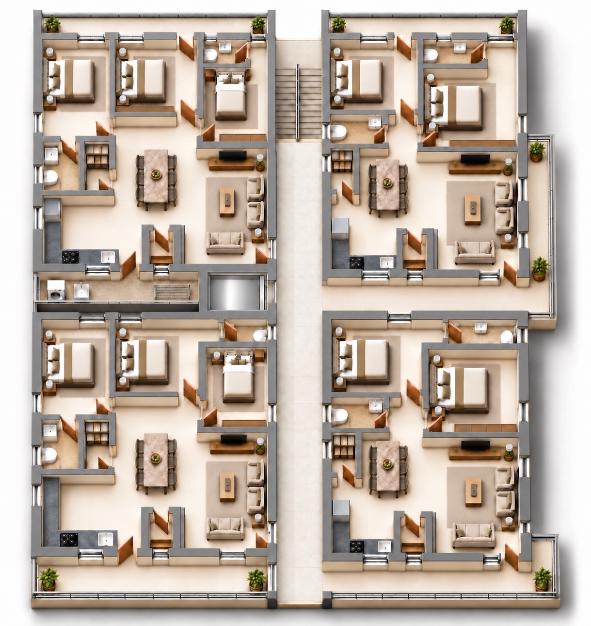 Complete floor with Flat 1 upper left, Flat 2 upper right, Flat 3 lower left and Flat 4 lower right, with an open void below Flat 1 utility